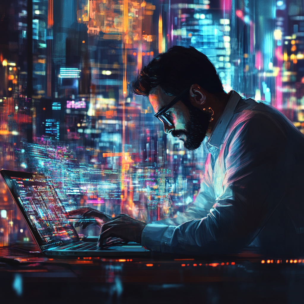 futuristic man behind laptop ai futuristic man behind laptop ai